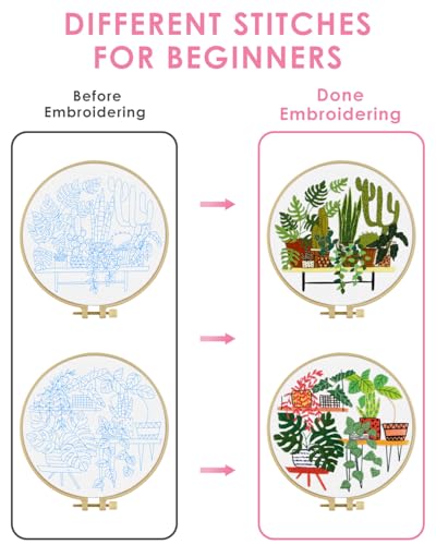 TINDTOP Embroidery Kit for Adult, Owl Embroidery Kit for Beginners Include Embroidery Cloth Hoops Threads for Craft Lover Hand Stitch with Embroidery Skill Techniques (Cactus) TINDTOP