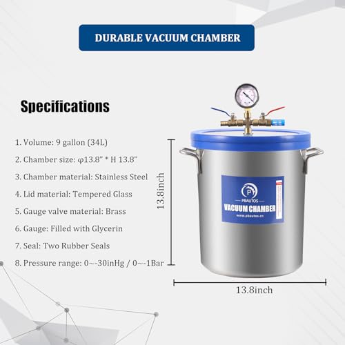 9 Gallon Tempered Glass Vacuum Chamber with Two Rubber Seals, 33L Stainless Steel Degassing Chamber Kit with 5 CFM 1/3HP Single Stage Vacuum Pump Without Oil, Perfect for Stabilizing Wood P PBAUTOS
