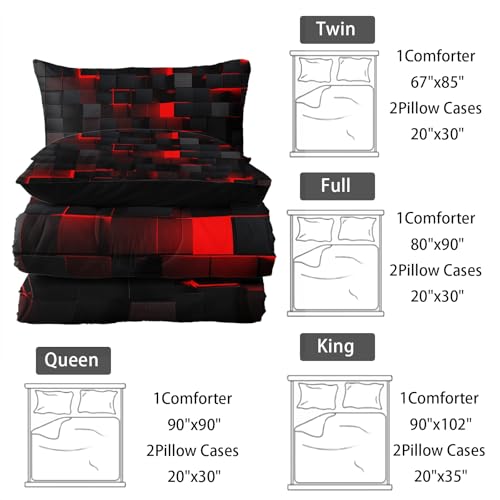 Nttopship Neon Red Black Comforter Set Twin Geometric Kids Bedding Set,3 PCS Geometry Honeycomb Bed Set Modern Quilt Set 1 Comforter 2 Pillow Cases Cool Room Decor All Season B-Side Black Nttopship