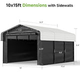 Real Relax 10×15FT Heavy Duty Carport with Removable Sidewalls, Metal Car Port Multi-Use Outdoor Storage Trucks, Cars, Boats, Galvanized Metal Roof, Cream White Real Relax