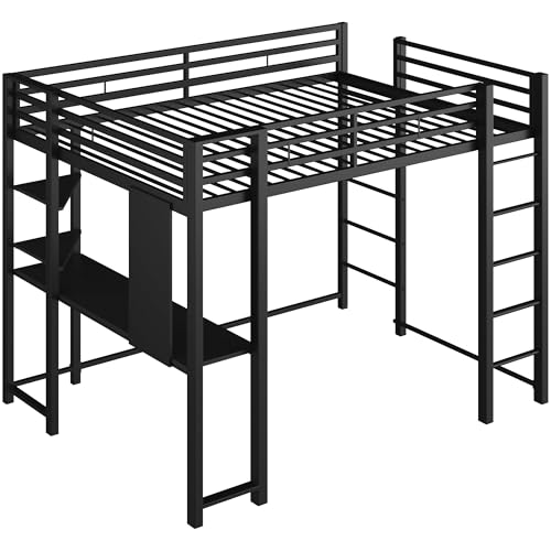 Shintenchi Loft Bed Full Size with Desk and Storage Shelves, Frame with 2 Side Ladders for Kids, Teens Adults, Spcace-Saving Noise-Free and Anti-tilt Design, Black Shintenchi