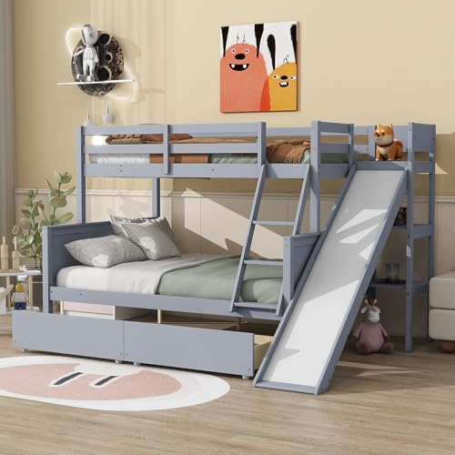 PVWIIK Twin Over Full Bunk Bed with Slide & 2 Drawers for Boys,Girls Bedroom,Rubber Wood Bed Frame W/Storage Shelves for Adult,Teenagers,No Box Spring Needed, Grey PVWIIK