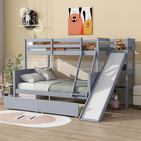 PVWIIK Twin Over Full Bunk Bed with Slide & 2 Drawers for Boys,Girls Bedroom,Rubber Wood Bed Frame W/Storage Shelves for Adult,Teenagers,No Box Spring Needed, Grey PVWIIK