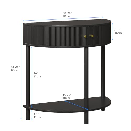 Trironsun Fluted Half Moon Console Table 2 Tier Narrow Entryway Table with Storage for Small Space Modern Wood Sofa Table with Doors and Gold Knobs Boho Home Decor Trironsun