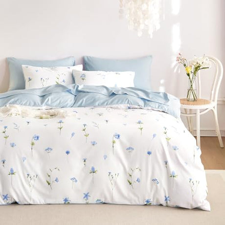 Wake In Cloud - Floral Comforter Set, Cottagecore Cute Aesthetic Watercolor Tiny Flowers and Leaves, Soft Lightweight Bedding for Women Teen Girls, 3 Pieces, Blue, Full Size Wake In Cloud