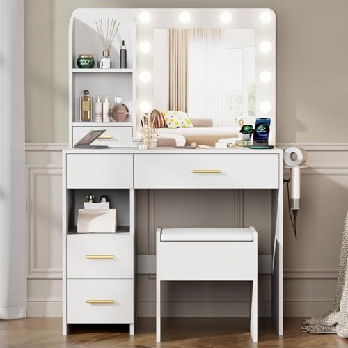 Furnivado Vanity Desk with Mirror and Lights, 3 Adjustable Lighting Makeup Vanity Desk with 3 Storage Shelves, 5 Large Drawers and Power Outlet, Vanity with Chair for Bedroom, White Furnivado