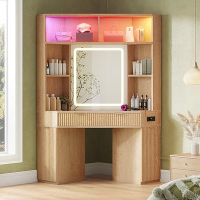 HAUOMS Corner Vanity, with Bag Showcase, LED Lights, Fluted Wood Luxury Makeup Vanity Desk with Mirror, Big Dressing Table with Glass Top, Cabinets, Shelves, Drawers, Charging Station (Oak)