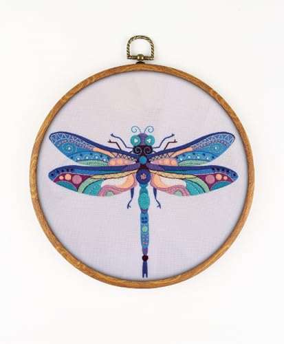 AWESOME PATTERN STUDIO Dragonfly EM080 - DIY Embroidery Kit Prime. Set of Threads, Needles, Stamped Cloth, Needle Threader, Embroidery Clippers and Printed Color Pattern Inside.