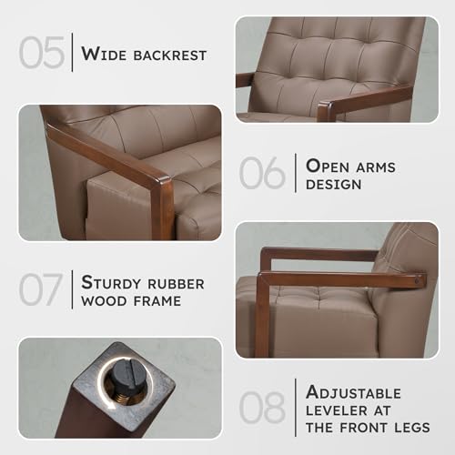 Lexicon Modern Accent Chair, Luxury Genuine Leather Match Living Room Chair with Tufted Cushions, Solid Wood Frame and Arm Rest, Comfy Upholstered Single Seat for Bedroom/Reading/Office, Brown Lexicon