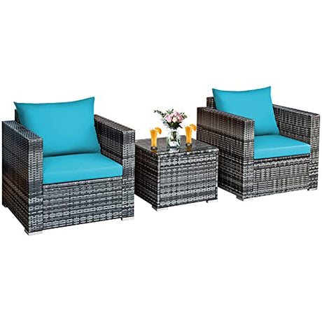 COSTWAY 3 PC Patio Rattan Furniture Bistro Set Cushioned Sofa Chair Turquoise COSTWAY
