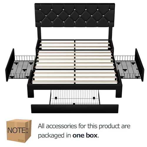 VECELO Full Size Bed Frame with 3 Storage Drawers, Leather Upholstered with Diamond Tufted Headboard, Solid Wood Slat Support & Steel Framework, PU & Black VECELO