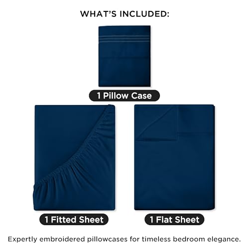 ROYALE LINENS 3 Piece Twin Sheets Set - Soft Brushed 1800 Microfiber Bedding - 1 Fitted and 1 Flat Sheet, 1 Pillow case - Wrinkle Free & Fade Resistant - Hotel Luxury Bed Sheets Set (Navy, Twin) ROYALE LINENS