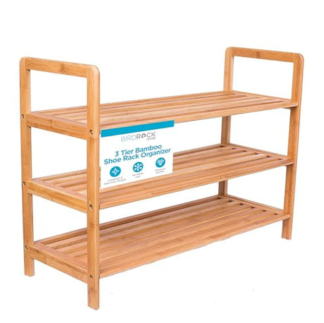 BIRDROCK HOME Bamboo Shoe Rack Organizer for Entryway, Closet, or Front Door - Stackable Wooden Storage Shelf for Small Spaces, Indoor or Outdoor, Decorative Brown Madera - Elegant, Simple - 3 Tier BIRDROCK HOME