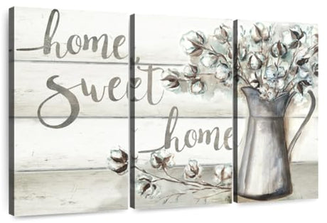 Elephant Stock - Farmhouse Cotton Home Sweet Home Wall Sign Wall Art - Horizontal Multi Panel Canvas - 3 Piece Living Room Wall Decor - Watercolor Home Signs Multi Piece Wall Art - Brown And White Decor by Tre Sorelle Studios - 45" x 28" ElephantStock