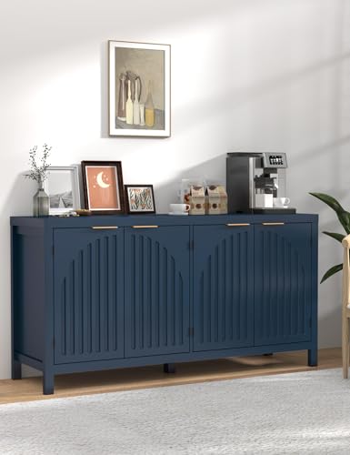 SAHISTCT 58" Modern Fluted Sideboard Buffet Cabinet with Storage, Modern Credenza with Arched Doors, Coffee Bar Table, Wood Media TV Console Table Credenza for Living Room Hallway Entryway (Blue) SAHISTCT