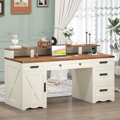 YOMILUVE Farmhouse Executive Desk with Drawers & Storage Shelves, 55" Computer Desk with Power Outlets, Home Office Desk with Monitor Stand & File Drawers, Writing Study Table, Antique White YOMILUVE