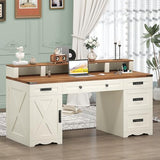 YOMILUVE Farmhouse Executive Desk with Drawers & Storage Shelves, 55" Computer Desk with Power Outlets, Home Office Desk with Monitor Stand & File Drawers, Writing Study Table, Antique White YOMILUVE
