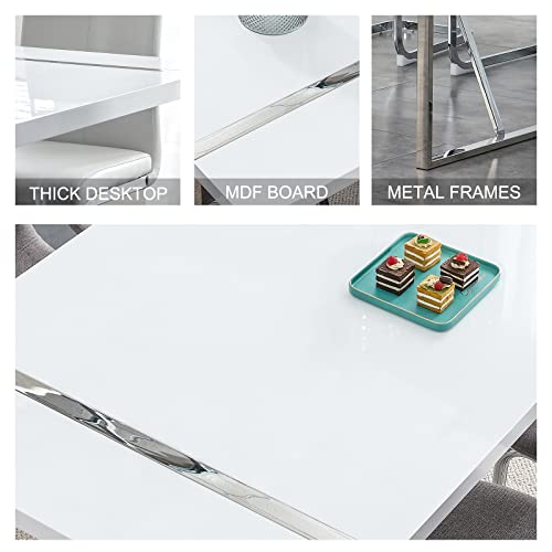 Dining Table Set for 4，White Rectangular MDF Kitchen Table and Leather Dining Chairs Set of 4, 5 Piece Dining Table Set，Modern Metal Frame Dining Room Table Set 4 with Metal Frame For Kitchen Ebullient