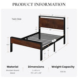 SHA CERLIN 14 Inch Twin Size Metal Platform Bed Frame with Wooden Headboard and Footboard, Mattress Foundation, No Box Spring Needed, Large Under Bed Storage, Heavy Duty Slats Support, Mahogany SHA CERLIN