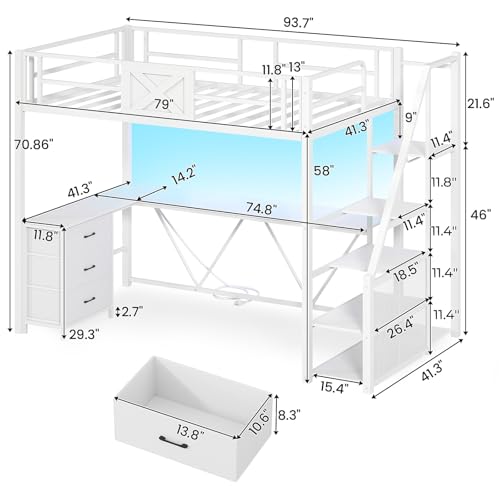 Itaar Stairway Twin Size Loft Bed with L Shaped Desk and Wardrobe, Metal Loft Bed Frame with Stairs, 3 Fabric Drawers, LED Lights & Charging Sation, No Noise & No Box Spring Needed, White Itaar