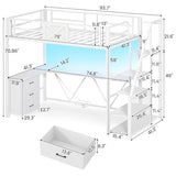Itaar Stairway Twin Size Loft Bed with L Shaped Desk and Wardrobe, Metal Loft Bed Frame with Stairs, 3 Fabric Drawers, LED Lights & Charging Sation, No Noise & No Box Spring Needed, White Itaar