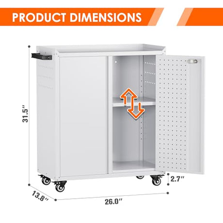 Aobabo Metal Garage Storage Cabinet on Wheels,2 Doors Storage Cabinet with Wheels for Garage,Assembly Required,White Aobabo