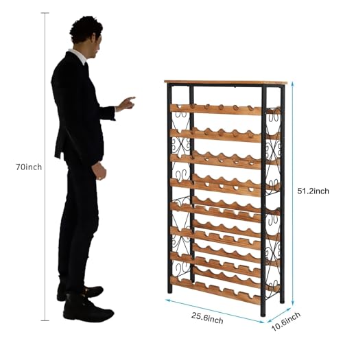 48 Bottles Floor Wine Rack with Wood Top, Freestanding Wine Bottle Organizer Shelf, Wobble-Free 8 Tier Wine Display Storage Stand for Kitchen Pantry, 25.2''L x 10.7''W x 47.2''H