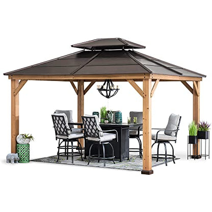 Sunjoy Hardtop Gazebo 11' X 13' Cedar Framed Wood Gazebo with Brown Double Steel Hardtop Roof Permanent Canopy for Garden, Backyard Shade - WoodArtSupply