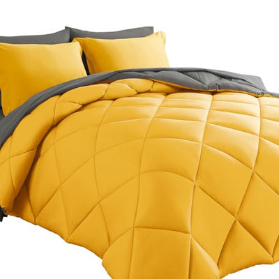 Cosybay Bed in a Bag Full Reversible Comforter Sets 7pcs All Season Down Alternative Bedding Sets Yellow and Grey with Comforter, Pillow Shams, Flat Sheet, Fitted Sheet and Pillowcase