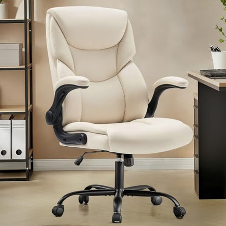 DUMOS PU Leather Office Chair - Ergonomic Executive Computer Desk Chairs with Adjustable Flip-up Armrest, Swivel Task Chair with Lumbar Support, Strong Metal Base, Cream White DUMOS