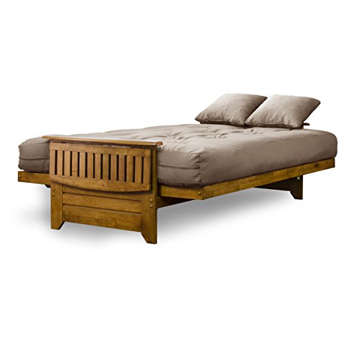 Nirvana Futons Brentwood Tray Arm Futon Frame, Drawers, and Microfiber Khaki Mattress Set - Queen, Heritage Finish