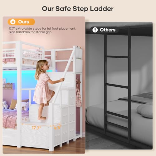 BTHFST Bunk Bed Twin Over Twin with Stairs, LED Lights Twin Bunk Bed with 2 Storage Drawers & 6 Fabric Drawers, Metal Twin Loft Beds with Guardrail & Stairs, Space Saving, Sturdy Frame for Teens BTHFST