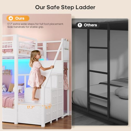 BTHFST Bunk Bed Twin Over Twin with Stairs, LED Lights Twin Bunk Bed with 2 Storage Drawers & 6 Fabric Drawers, Metal Twin Loft Beds with Guardrail & Stairs, Space Saving, Sturdy Frame for Teens BTHFST