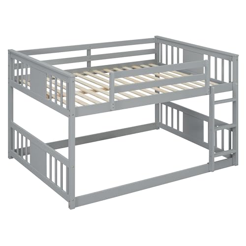LZ LEISURE ZONE Full Over Full Bunk Bed, Wood Full Bunk Bed with Ladder, No Box Spring Needed, Gray LZ LEISURE ZONE