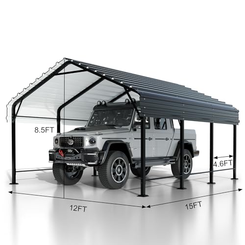 JY QAQA 12 x 15 FT Metal Carport Kits with Galvanized Steel Roof, Heavy Duty Metal Carport Canopy, Outdoor Car Tent Garage Shelter for Car, SUV, Truck and Boats JY QAQA PET