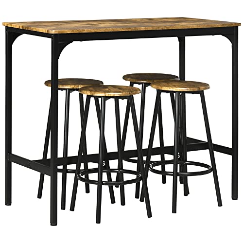 HOMCOM Rustic 5-Piece Counter Height Bar Table Set with 4 Stools - Industrial Brown Dining Ensemble - WoodArtSupply