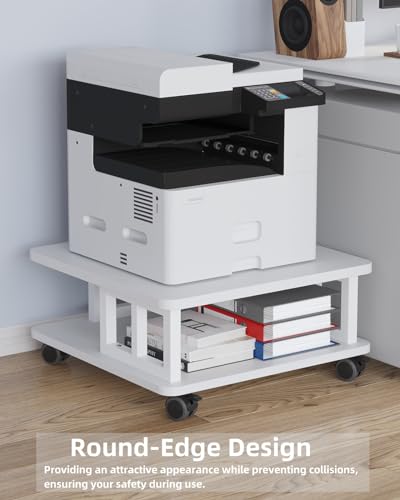 AOOSSI Mobile Printer Stand, 2-Tier Large Printer Shelf for Laser 3D Printer Office Machine with Storage, 23.6"x23.6" Wood Printer Cart Under Desk Rack with Wheels for Office Home Kitchen (White) AOOSSI