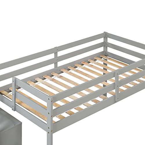 CITYLIGHT Twin Size Low Loft Bed for Kids, Low Loft Bed Wood with Stairs and Storage for Girls, Boys, Wood Slat Support, Gray CITYLIGHT