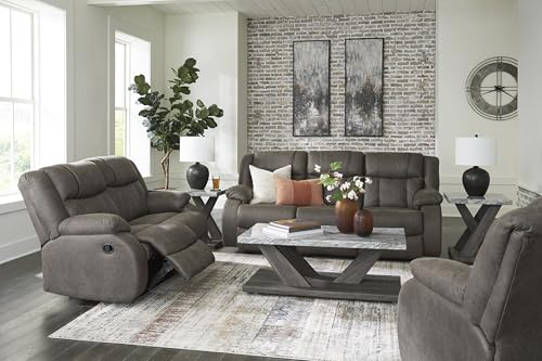 Signature Design by Ashley First Base Contemporary Faux Leather Manual Reclining Sofa, Gray Signature Design by Ashley