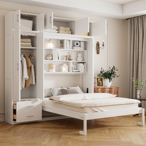Merax Queen Size Murphy Bed with Top Cabinet, Shelves and Wardrobe, Fold into The Wall, Space-Saving Design, Multifunctional Foldable Platform Bed Frame for Bedroom, Guest Room, Home Office, White Merax