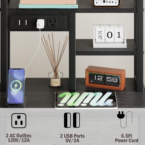 Furnulem Tall Nightstand with 3 Drawers, LED Lights, and USB Charging Ports - Versatile Beadside Table in Black Oak Furnulem