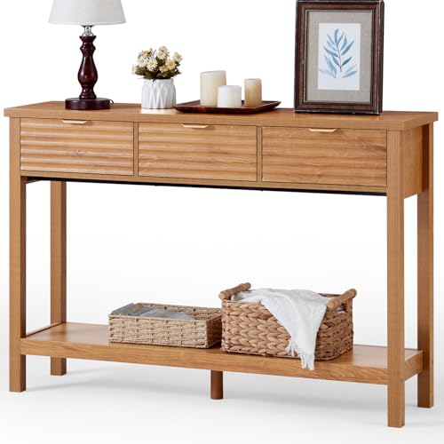 LEYAOYAO Fluted 47.2" Console Table with 3 Drawers, Modern Wood 2 Tier Entryway Table with Open Storage Shelf, Boho Sofa Entry Tables Behind Couch for Living Room, Hallway, Entrance Foyer, Tea Brown LEYAOYAO