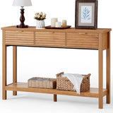 LEYAOYAO Fluted 47.2" Console Table with 3 Drawers, Modern Wood 2 Tier Entryway Table with Open Storage Shelf, Boho Sofa Entry Tables Behind Couch for Living Room, Hallway, Entrance Foyer, Tea Brown LEYAOYAO
