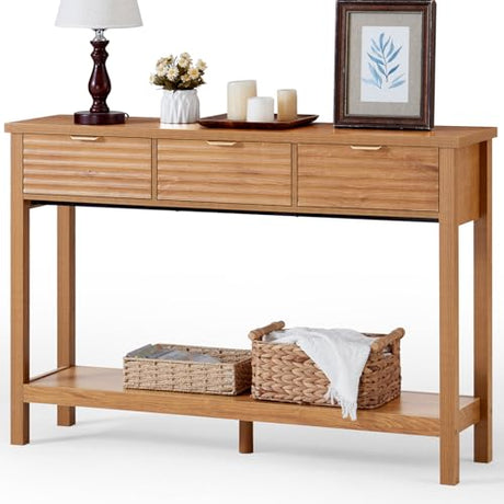 LEYAOYAO Fluted 47.2" Console Table with 3 Drawers, Modern Wood 2 Tier Entryway Table with Open Storage Shelf, Boho Sofa Entry Tables Behind Couch for Living Room, Hallway, Entrance Foyer, Tea Brown LEYAOYAO