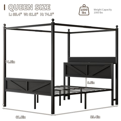 Tsovihe Queen Size Canopy Bed Frame with Barn Door Storage Headboard, Metal Slats Support LED Light & Charging Station/No Box Spring Needed/Easy Assembly/Curtain Not Included/Black