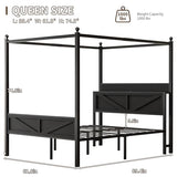 Tsovihe Queen Size Canopy Bed Frame with Barn Door Storage Headboard, Metal Slats Support LED Light & Charging Station/No Box Spring Needed/Easy Assembly/Curtain Not Included/Black