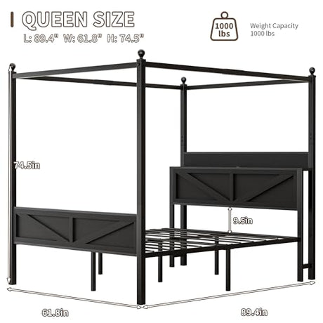 Tsovihe Queen Size Canopy Bed Frame with Barn Door Storage Headboard, Metal Slats Support LED Light & Charging Station/No Box Spring Needed/Easy Assembly/Curtain Not Included/Black Tsovihe