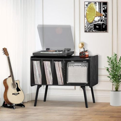 Lerliuo Record Player Stand with Charging Station Holds Up to 220 Albums, Large Turntable Stand with 4 Cabinet, Mid-Century Record Player Table,Black Vinyl Holder Storage Shelf for Bedroom Living Room Lerliuo
