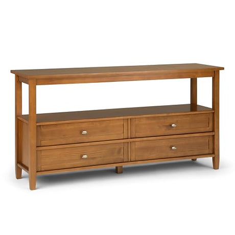 SIMPLIHOME Warm Shaker Wide Console Table - 60 Inch Wide Solid Wood Sofa Table in Light Golden Brown, Transitional Storage Table for Living Room with 4 Drawers, Open Shelf, and Brushed Nickel Knobs SIMPLIHOME