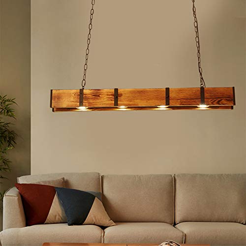 Rustic Wood 4-Lights Farmhouse Chandelier， Retro Hanging Pendant Lamp，Wood Beam Linear Hanging Light Vintage Ceiling Light Fixture for Dining Table, Kitchen Island, Bar JUOPTGJ